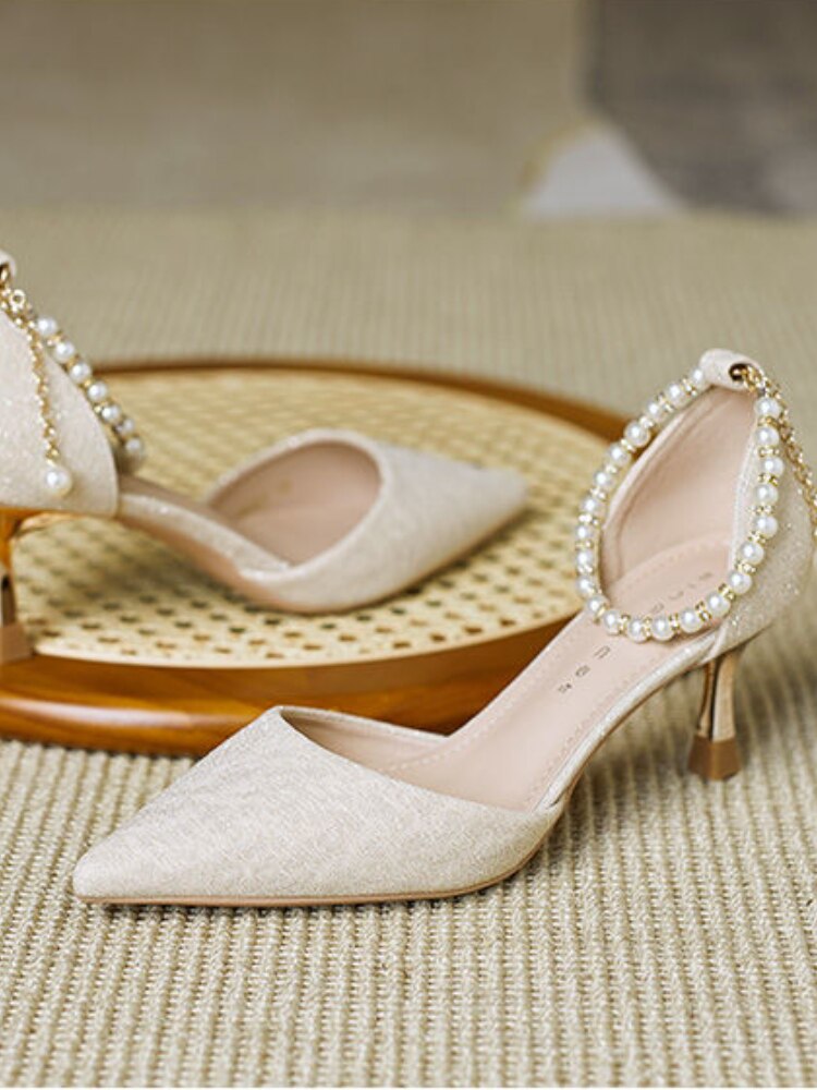 xiangtuibao Summer Fairy Elegant High Heels Lady String Bead Casual Korean Style Sweet Shoes Party Design French Bridal Pumps Women