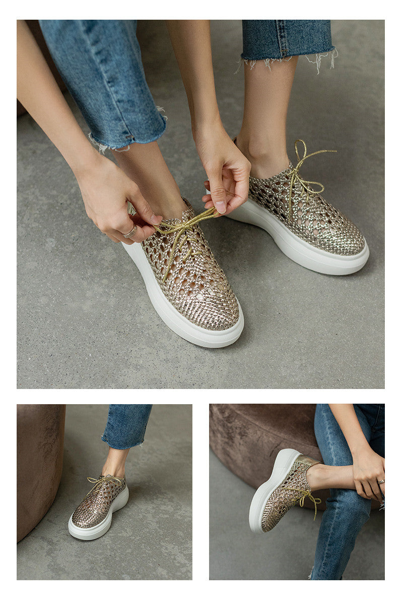 New Genuine Leather Sponge Cake Women Shoes Spring/summer Hollow Breathable Flat Platform Shoes Woven Hole Handmade Shoes Woman