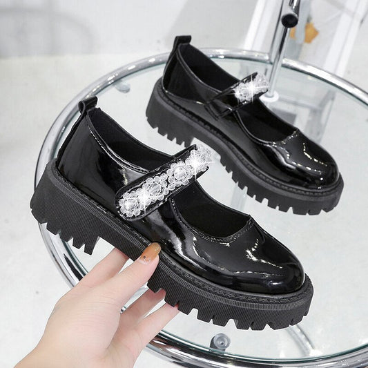 Rimocy Shining Crystal Women's Mary Janes Shoes  Spring Pu Leather Flat Shoes Woman Med Heels Non-slip Platform Casual Shoes