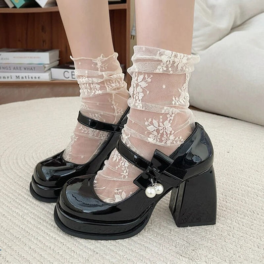 xiangtuibao Platform High Heels Pumps Women Patent Leather Black White Mary Jane Lolita Shoes Woman Pearl Bowtie Buckle Party Shoes