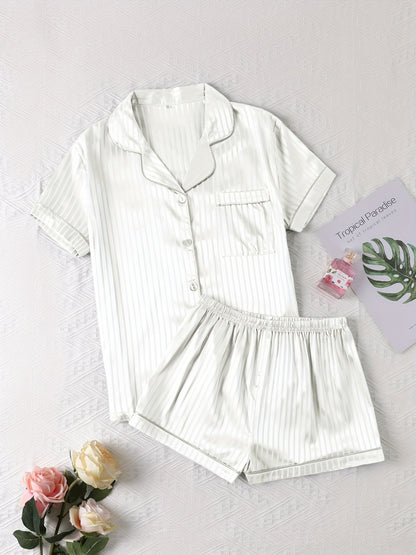 Luxurious Striped Satin Pajamas Set - Short Sleeve Button Top & Soft Shorts - Womens Comfy Sleepwear & Lounging Elegance for a Chic Nighttime Experience