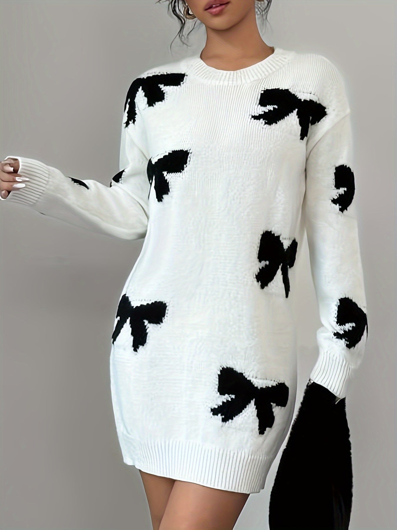 Chic Bowknot Knit Sweater Dress for Women - Casual Crew Neck, Mid-Length with Long Sleeves, Perfect for All Seasons