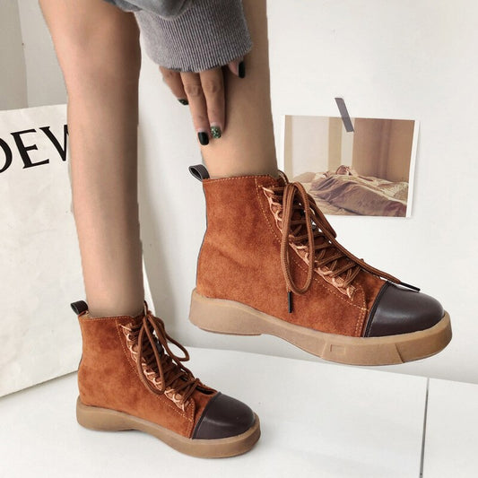 New Trendy Women's Boots Round Toe Flat Lace-up Ankle Boots ботинки женские осень Suede PU Spliced Soft Sole Casual Shoes Women