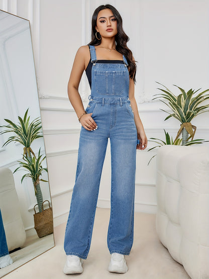 Plain Washed Blue Loose Fit Casual Denim Overall Dungarees, Women's Denim Jeans & Clothing