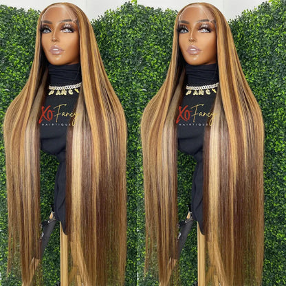 30 Inch Blonde Highlight Straight Glueless 13x4 Lace Front Human Hair Wig For Women Bone Straight Lace Frontal Wig