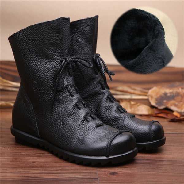 Vintage Style Genuine Leather Women Boots Flat Booties Soft Cowhide Women's Shoes Front Zip Ankle Boots zapatos mujer