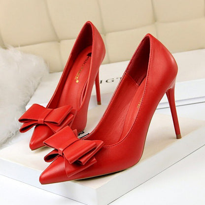 cute bow women high heels pumps Ladies shoes  sexy pointed toe 10cm thin heels 7 colors wedding shoes woman plus size 34-43