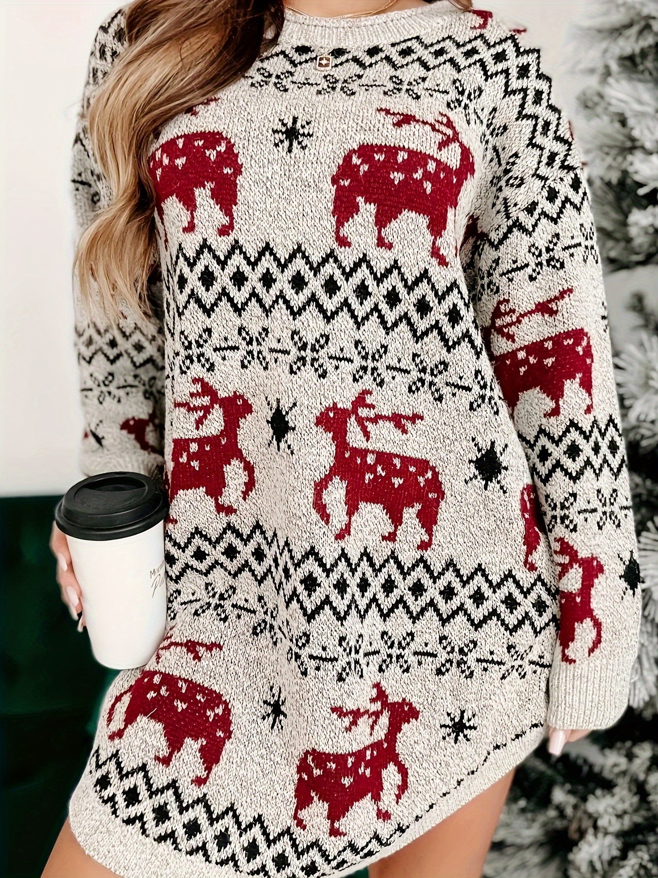 Cozy Winter Essential: Elk Pattern Crew Neck Long Sleeve Sweater Dress for Women, Casual Curved Style for Fall and Winter, Soft and Warm Women's Clothing