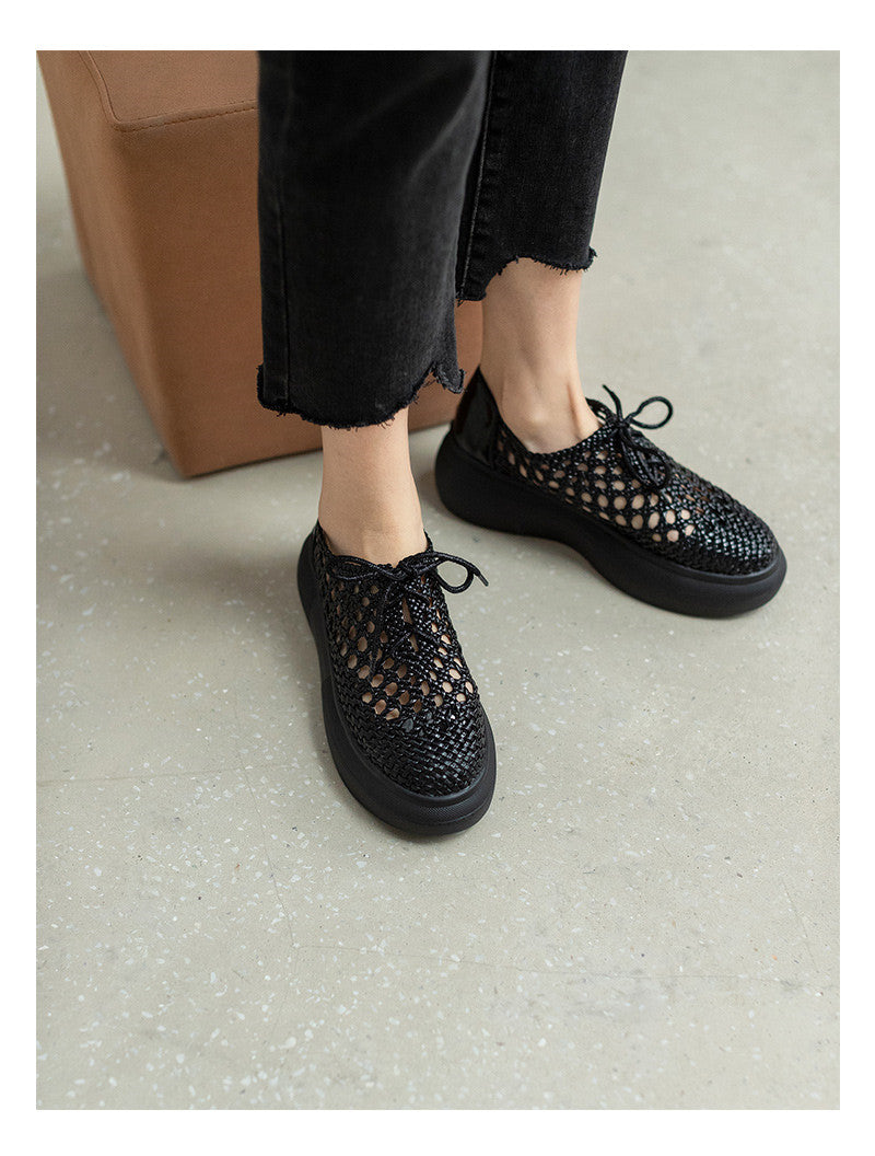 New Genuine Leather Sponge Cake Women Shoes Spring/summer Hollow Breathable Flat Platform Shoes Woven Hole Handmade Shoes Woman