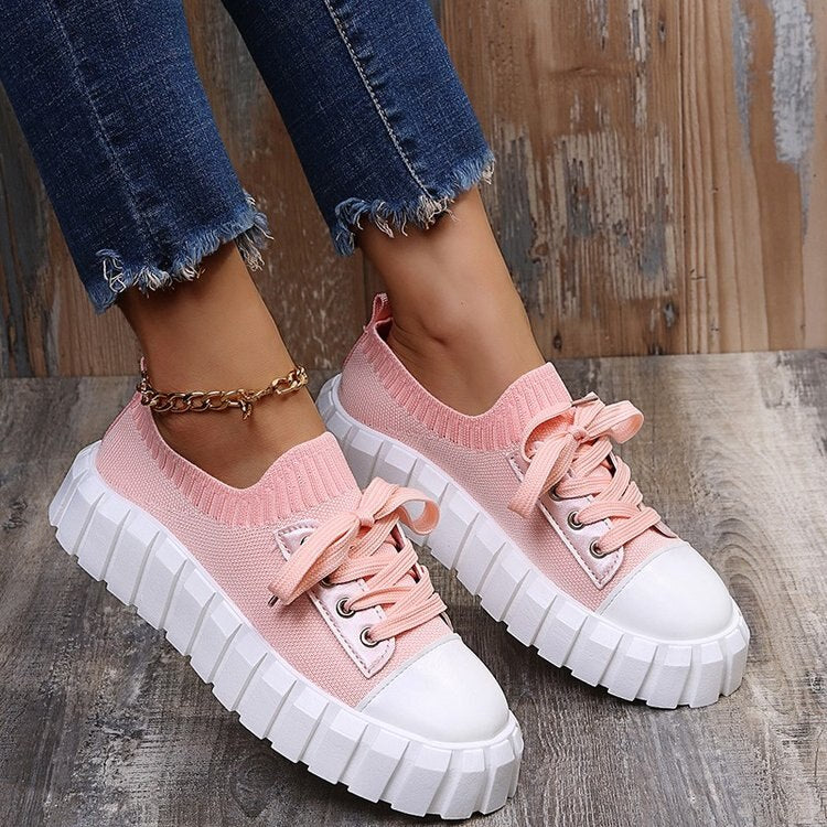 New Ladies Vulcanized Shoes Casual Sneakers Lace Up Solid Color Platform Canvas Flats Free Shipping Plus Size Women's Shoes Mesh