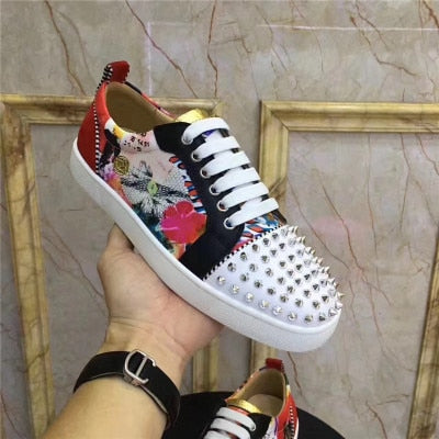 xiangtuibao  Genuine Leather Flat Women Sneakers Rivet Colorful Fashion Flat Casual Shoes Men Sneakers Lace-up Spikes Real Leather Classics