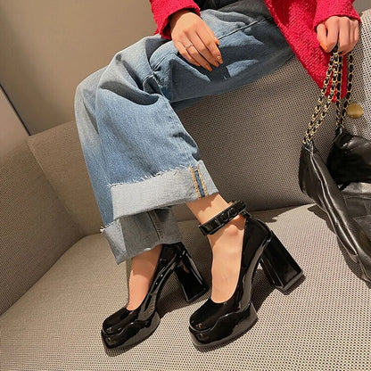 xiangtuibao Patent Leather High Heels Pumps Women  Autumn Thick Heel Chunky Platform Mary Jane Shoes Woman Black Ankle Straps Pump Shoes