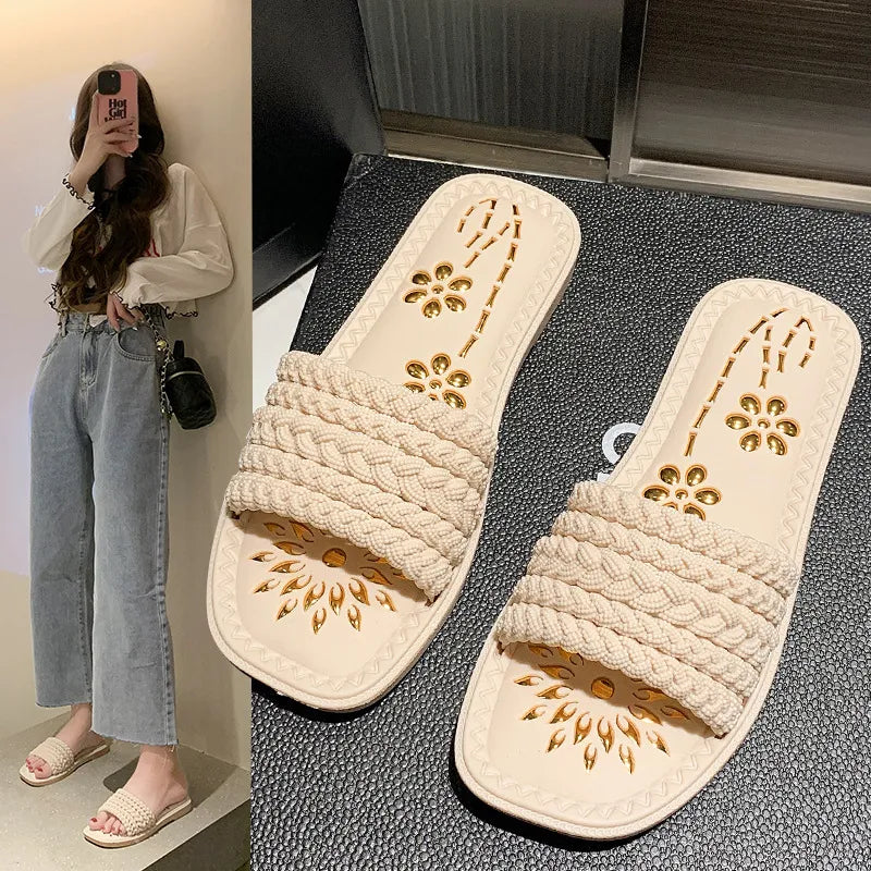 Breathable Woven Slippers Women Outdoor Sandal Summer Flats Shoes Seaside Beach Flip-Flops