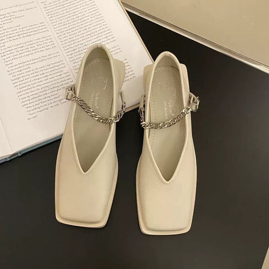 Spring Summer Yellow Flats Women Loafers  New Chain Design Nurse Boat Shoes Ladies Square Toe Soft Casual Ballet Flats