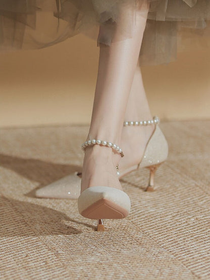 xiangtuibao Summer Fairy Elegant High Heels Lady String Bead Casual Korean Style Sweet Shoes Party Design French Bridal Pumps Women