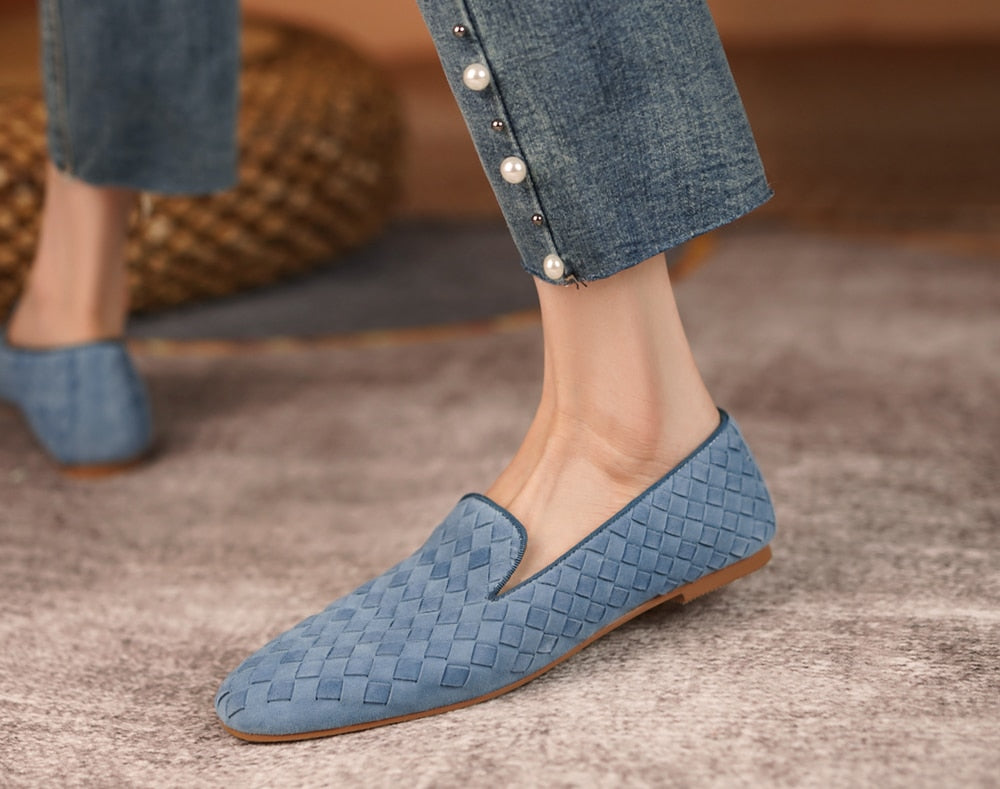 xiangtuibao New Fashion Women Spring Summer Suede Loafers Comfortable Shoes Woman Leather Slip On Casual Flats Ladies Low Heels Blue