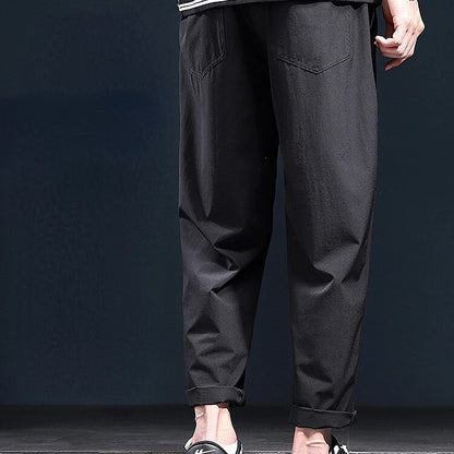 xiangtuibao -  New Korean Ice Silk Elastic Trousers Thin Casual Men'S Loose 9-Point Large Size Fashion Sports Male Pants Summer A61