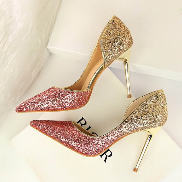 xiangtuibao   Woman 9cm Glitter High Heels Sequins Scarpins Pumps Female Silver Gold Escarpins Lady Wedding Bridal Scarpins Talons Shoes