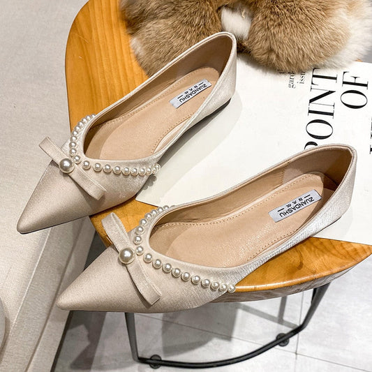 Summer New Temperament Pointed Toe Single Shoes Women's Pearl Bowknot Dress Shoes Casual Comfortable Breathable Flat Shoes