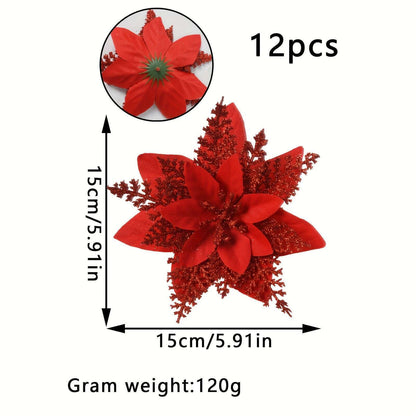 12pcs Large 5.91" Sparkling Poinsettia Artificial Flowers - Perfect for Christmas Tree & Home Party Decorations