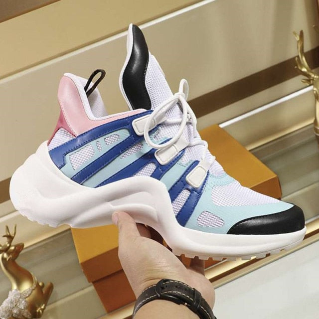 Genuine Leather Arched Sneakers Women Lace Up Fashion Brand Shoes Casual Walking Reflective Shoes Mixed Colors Trainers Sneakers