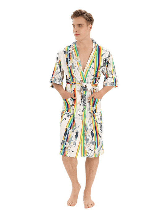 Men's Comfy Plant Colorful Striped Robe With Pockets, Home Pajamas Wear One-piece Lace Up Night-robe Loungewear Sets