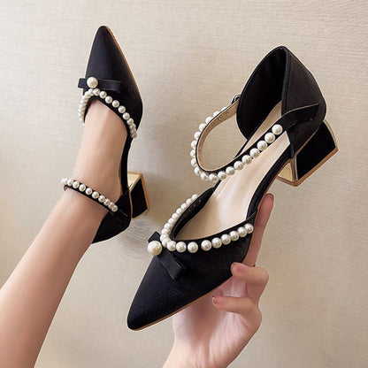 xiangtuibao   Summer Pearl Pumps Women Pointed Toe Ankle Strap High Heels Shoes Woman Med Heel Elegant Bowknot Dress Shoes Ladies