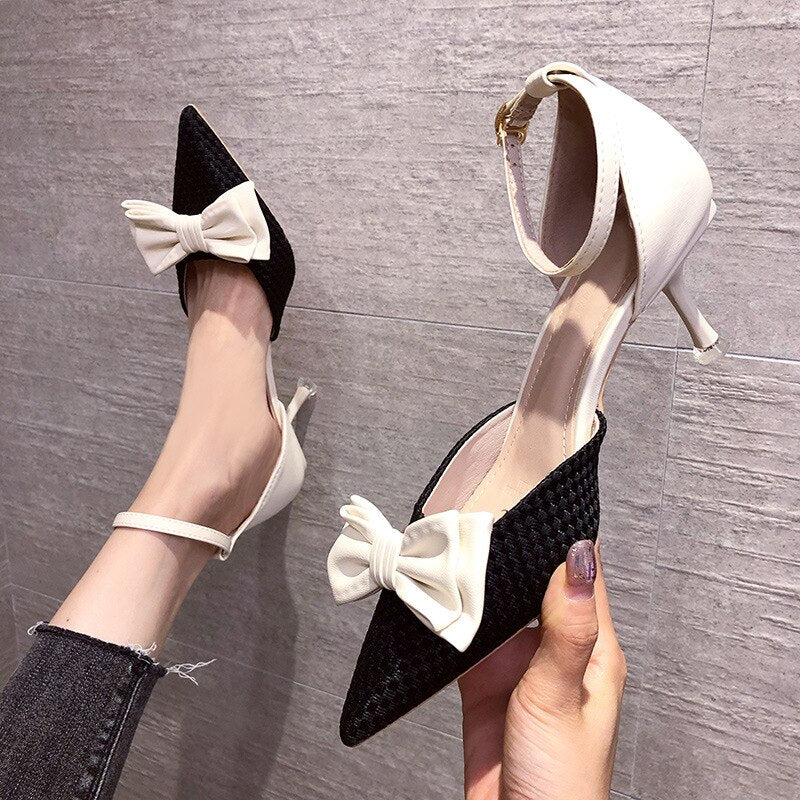 Pointed Toe Shallow Mouth Thin Heeled Bowknot Single Shoes Women Hollow  Autumn and Winter Autumn New Fashion High Heels