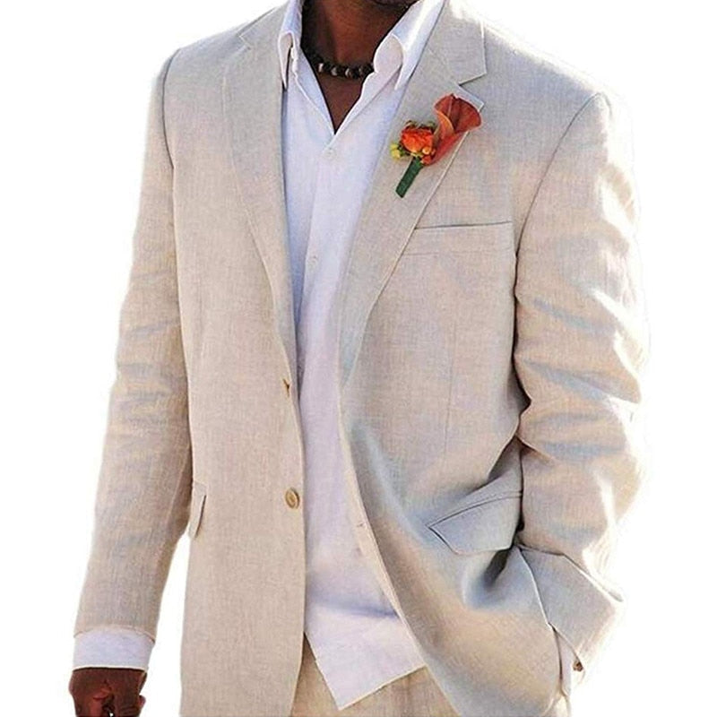 xiangtuibao Linen Beige Men Suits 2 Pieces Beach Summer Wedding Italian Blazer Groom Tuxedos Formal Prom Classic Suit for Men Male Fashion