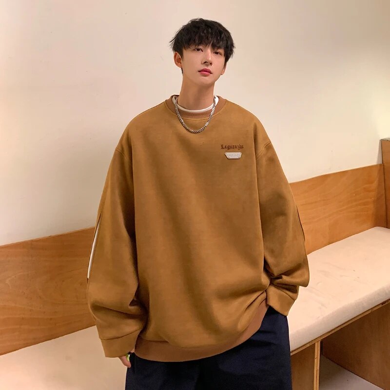 xiangtuibao Autumn New Hong Kong Style Large Suede Round Neck Sweater Daily Unisex Sweatshirt Fashion High Street Chic Handsome Men Clothing