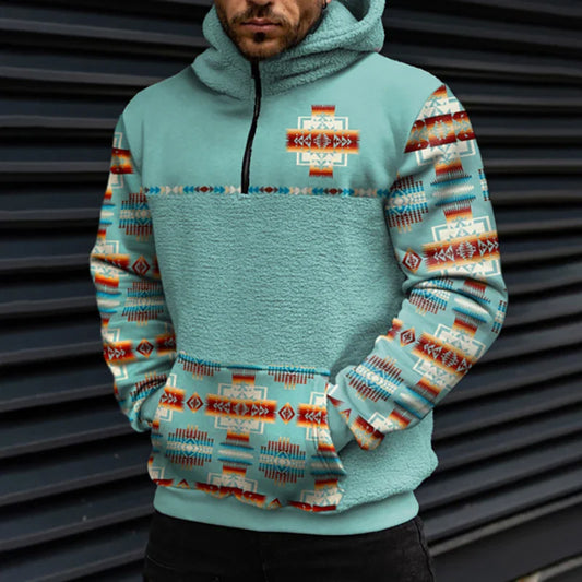 xiangtuibao Autumn Winter Men Sweatshirt Streetwear Clothing Men's Casual Geometric Ethnic Print Collage Sherpa Hoodie Long Sleeve Pullover