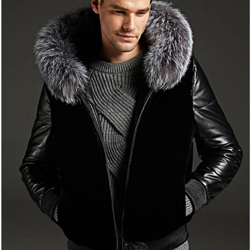 xiangtuibao Autumn Winter New Faux Leather Coat Fur Collar Hooded Menswear Luxury Brand Fur Coat Short Tops Plus Size Slim Jacket