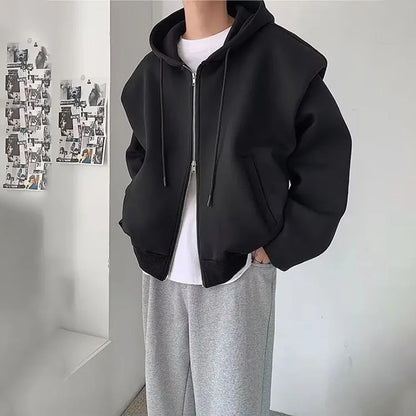 xiangtuibao Black Gray Shoulder Pad Hoodie Men's Fashion Casual Cardigan Sweatshirt Men Korean Loose Zipper Hooded Jacket Unisex Trend Coat