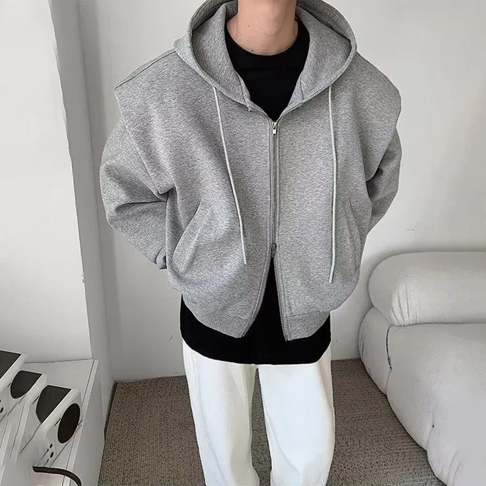 xiangtuibao Black Gray Shoulder Pad Hoodie Men's Fashion Casual Cardigan Sweatshirt Men Korean Loose Zipper Hooded Jacket Unisex Trend Coat