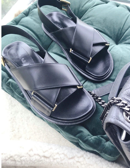 Summer Cowhide Leather Sandals Female Ins Tide Fairy Style Student Flat Thick Bottom Cross Roman Shoes