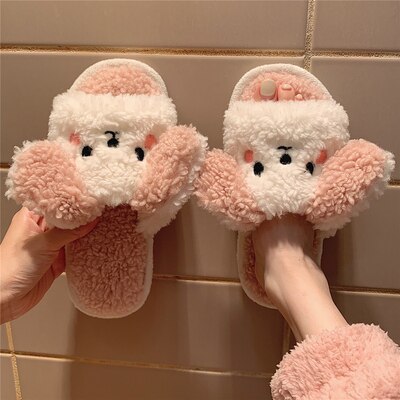 New Girl Heart Cotton Slippers Female Autumn And Winter Cartoon Cute Pig Knot Plush Non-slip Indoor Shoes Home Warm