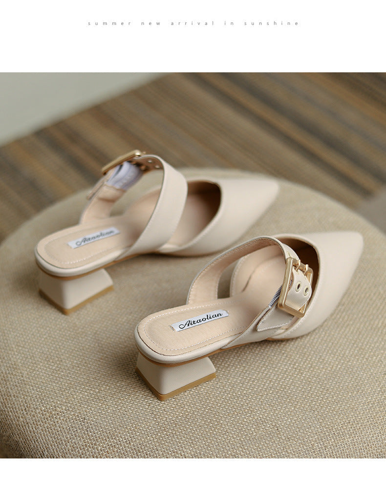 xiangtuibao  Slippers Women Summer Med Female Shoes Slides Shallow Cover Toe Fashion Square heel  Pointed Luxury Block Hoof Heels Scandal