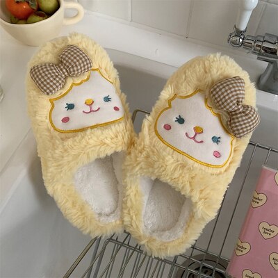 New girl heart cotton slippers female autumn and winter cartoon cute bear knot plush non-slip indoor confinement shoes household