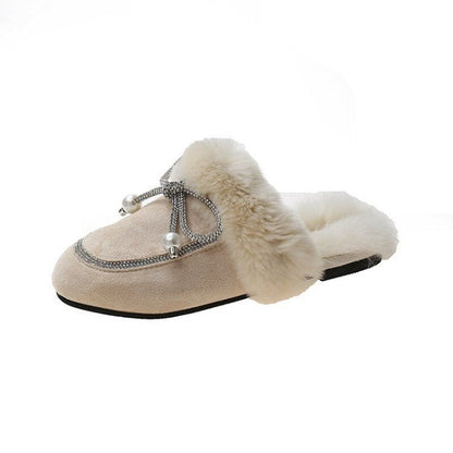 Ladies Plush Slippers Autumn Winter New Baotou Furry Mules Shoes Women Outdoor Wear Bowknot Warmth Flat-bottomed Cotton Slippers