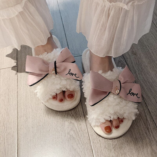 New Winter Cute Girl Heart Bowknot Cotton Slippers Female Autumn and Winter Indoor Non-slip  Plush Confinement  Shoes Warm Shoes