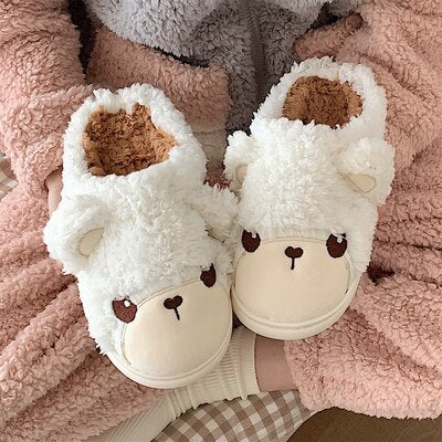 New girl heart cotton slippers female autumn and winter cartoon cute bear knot plush non-slip indoor confinement shoes household