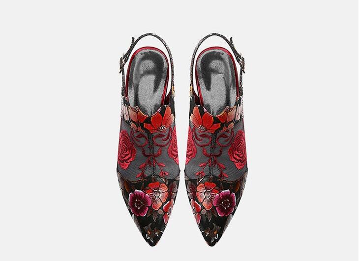 xiangtuibao    High Heels Sandals,Woman Mesh Summer Shoes,Women Pumps Pointed toe,Ankle Buckle Strap,Ethnic Embroidery Flower,Handmade