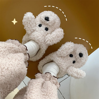 New girl heart cotton slippers female autumn and winter cartoon cute bear knot plush non-slip indoor confinement shoes household