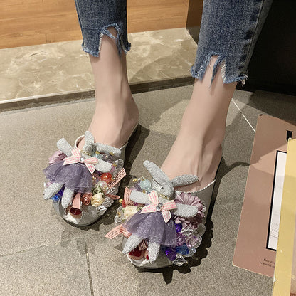 Baotou single shoes sandals for women's wear  summer new fashion Diamond Beads half slippers antiskid lazy shoes