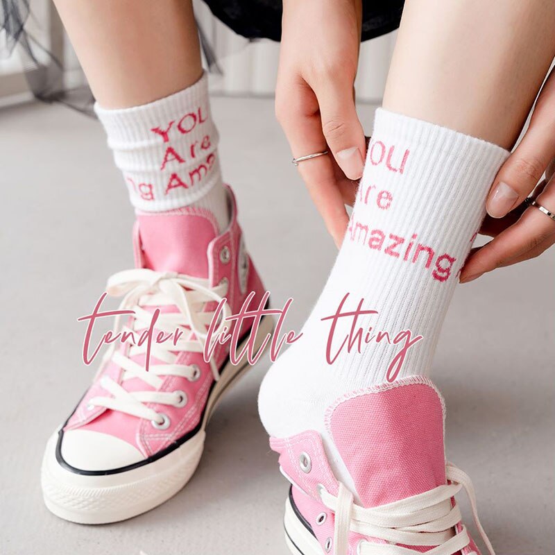 xiangtuibao Women Socks Unisex Pure Cotton Breathable Japanese Autumn Letter Print Street Style Jacquard Solid Color Middle Tube Soft Fun