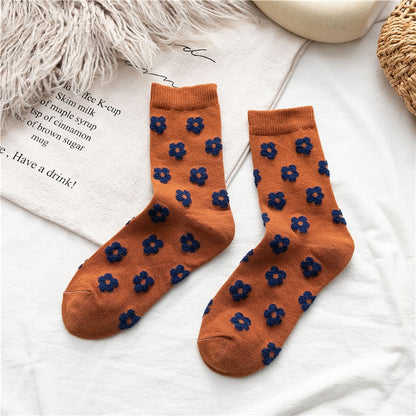 xiangtuibao Cute Flowers Socks Cotton Women Harajuku Japanese Casual Winter Female Kawaii Girl Mid Tube Socks Vintage Floral Fashion Long