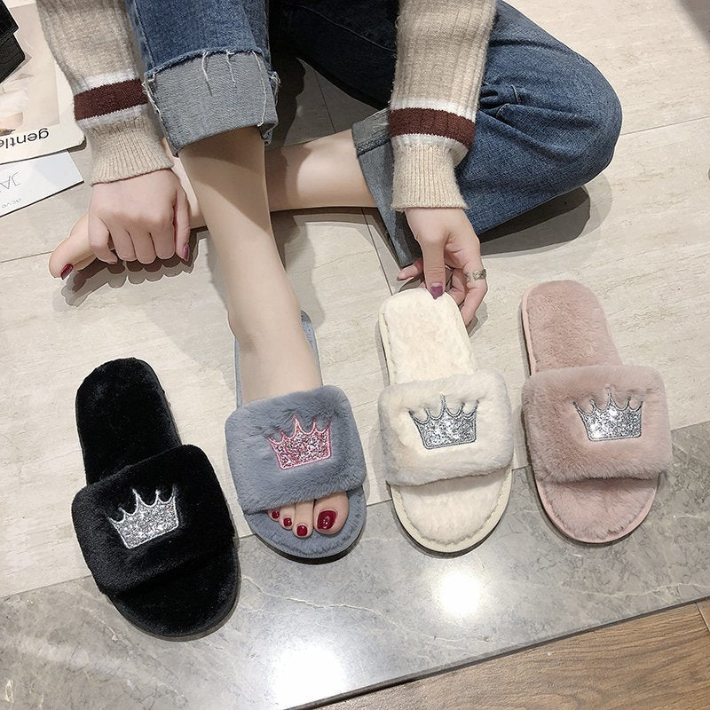 Slippers Women  Womens Fur Slippers Winter Shoes Big Size Home Slipper Plush Pantufa Women Indoor Warm Fluffy Cotton Shoes