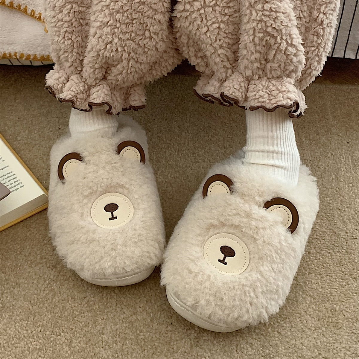 Winter indoor slippers cartoon fruit soft fluffy plush thick-soled flat shoelaces non-slip heel non-slip shoes casual ladies