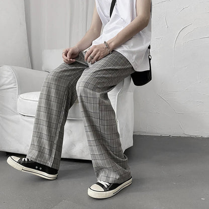 xiangtuibao -  Men's Plaid Business Casual Pants Stripe Blazer Suits Pants Loose Formal Wide Leg Pants Grey/khaki Social Trousers S-XL