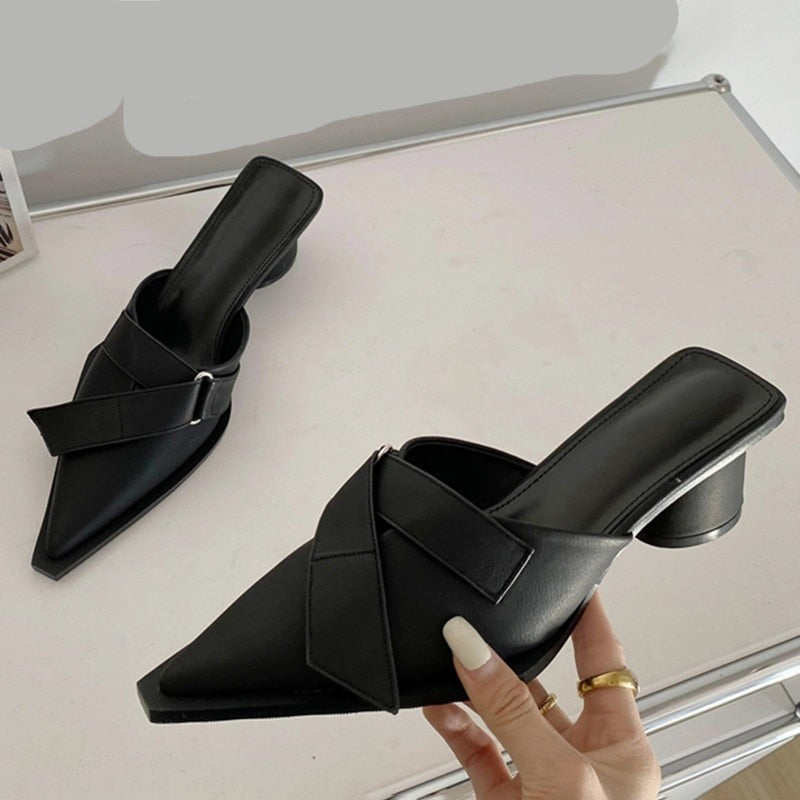 xiangtuibao Fashion Solid PU Turned-over Edge Pointed Toe Mid Heel Women Mules Concise Shallow Slip-On Slipper  Summer New 35-39